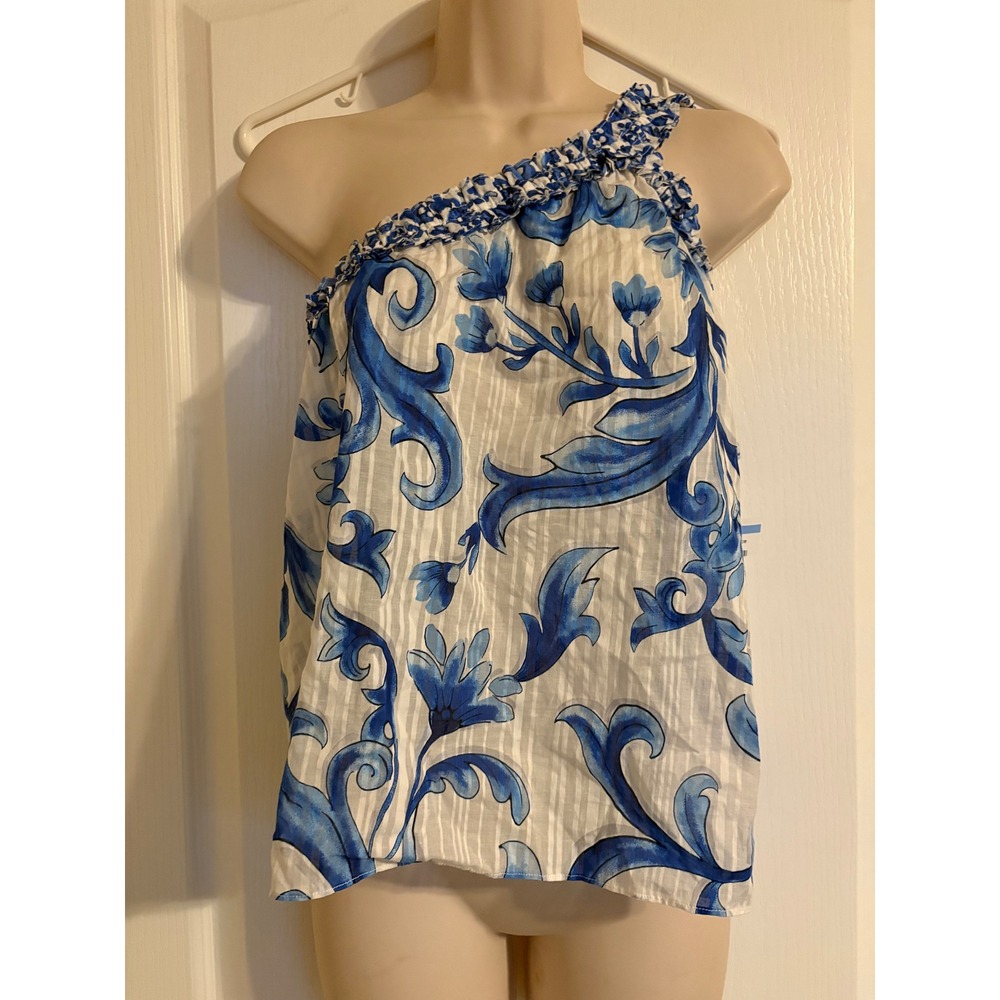 Ramy Brook One Shoulder Top Womens XL Blue White Excellent Floral Ruffle Trim